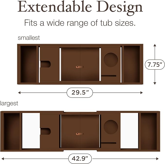 Wooden Bathtub Tray - Foldable & Expandable Bamboo Bath Tray for Tub with Wine Holder, Book & Tablet Stand - Bath Caddy Tray for Bathtub, Spa Bath Accessories, Tub Tray Table, (Brown)