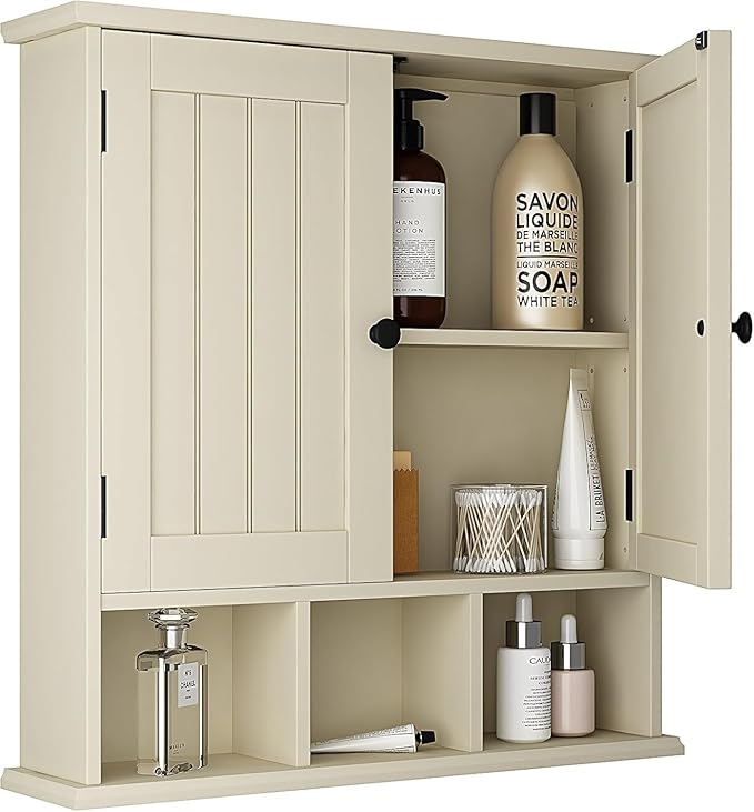 ChooChoo Bathroom Cabinet Wall Mounted 2-Door with 3 Open Shelves， Wooden Medicine Cabinets with Adjustable Shelf，Space Saver Storage Cabinets Over The Toilet for Bathroom&Living Room,Yellow