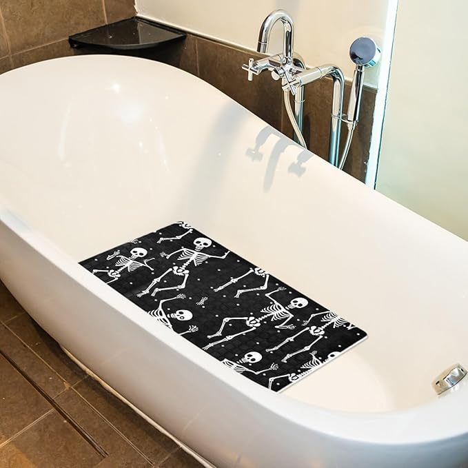 Bath Tub and Shower Mats, Non Slip Bathmat with Drain Holes and Suction Cups for Bathroom Floor, 15.1 x 26.8 Inch (Halloween Dancing Skeletons Cartoon Style)