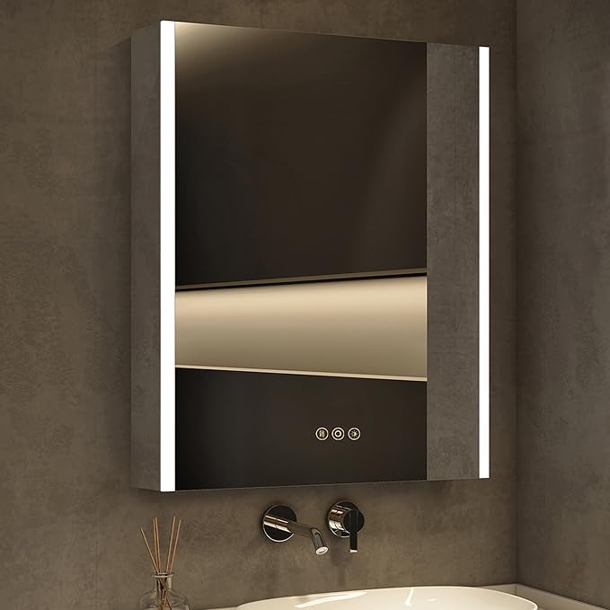 Medicine Cabinet with LED Lights and Mirror, 16 x 24 Inch Surface or Recessed Mounted Bathroom Cabinet with Door, Defogger, Memory Function, 3-Color Mode, Outlet&USB, Dimmer, Storage Shelf