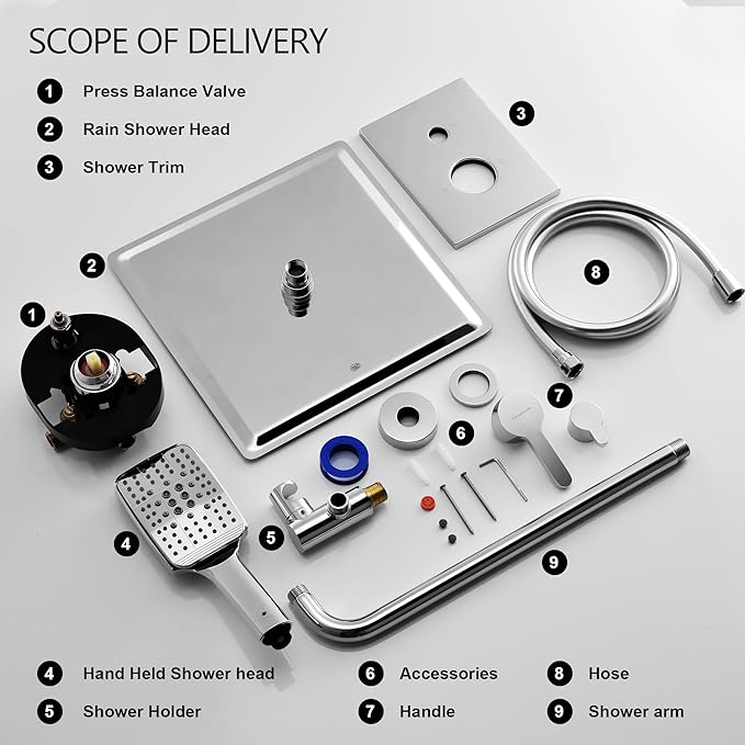Shower Faucet Set - 12 inches Rain Shower System with 6 Function Handheld Shower Head Rough in Pressure Balance Valve Kit - Stainless Steel Bathroom Shower Kit Complete （Polished Chrome）