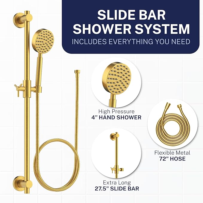 HammerHead Showers® Solid METAL 27.5 Inch Shower Slide Bar Set and Handheld Shower Head with Hose — BRUSHED GOLD — 2.5 GPM High Pressure Spray Wand — Easily Adjust Height & Angle of Handshower