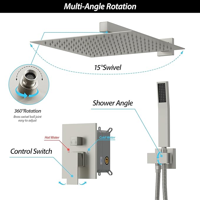 Lordear Rain Shower System 10 Inch Faucet Set Brushed Nickel Finish Stainless Steel Square Rainfall Shower Head with Handheld, Solid Brass Valve Included