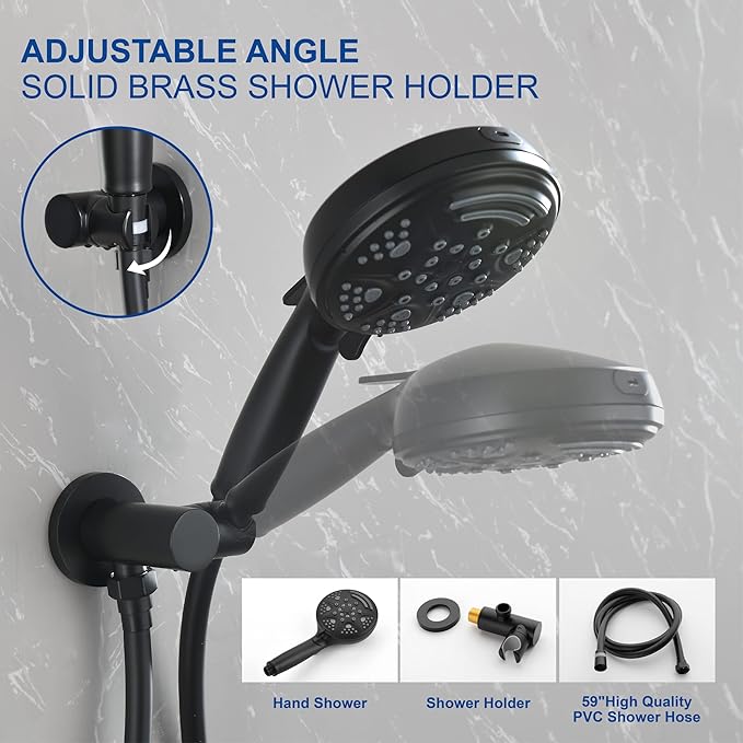 SHAMANDA 15-Function Shower System with Valve and Trim, Bathroom Luxury Shower Faucets Sets Complete with 9 Setting Handheld showerhead & 6 Setting Rain Shower, Wall mounted, Matte Black, L8082-7