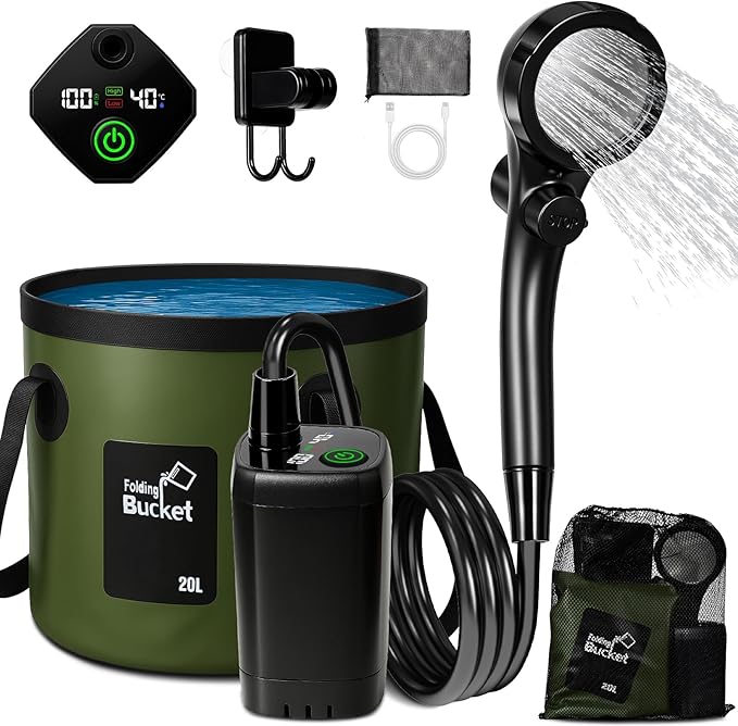 Portable Shower for Camping, 6000mAh Rechargeable Camp Shower Pump with Large Capacity Foldable Bucket, Filtered Shower Head, Outdoor Camp Shower Pump for Hiking, RV, Traveling, Car Washing, Pet Bath