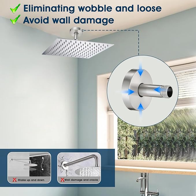 3 Inch Shower Arm with Flange and Stabilizer Bracket, Ceiling Mount Replacement Rain Shower Head 304 Stainless Steel Straight Arm For Fixed Shower Head, Brushed Nickel