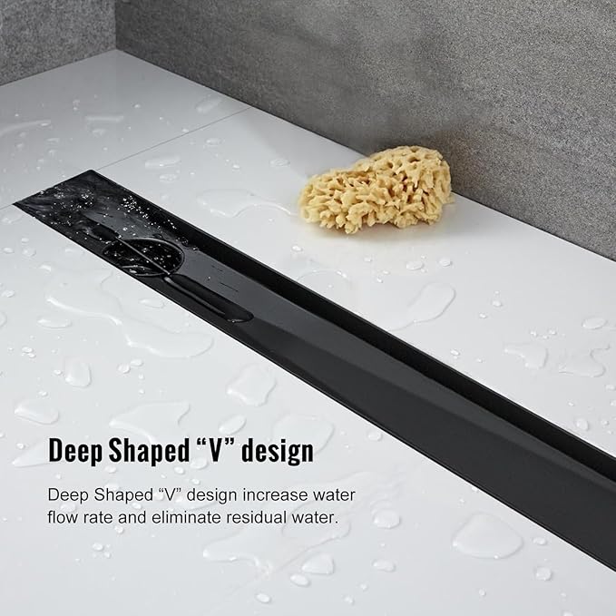 Offset Linear Shower Drain, Matte Black Shower Drain 60 inch with Removable Grate Cover, Brushed 304 Stainless Steel Side Outlet Black Shower Floor Drain with Hair Catcher and Leveling Feet