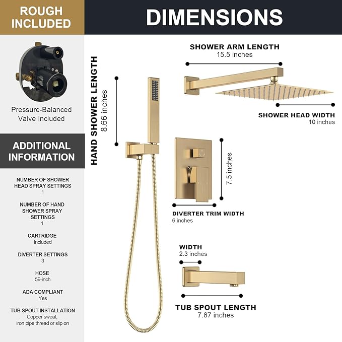 Lava Odoro Modern 3-Setting Square Shower and Tub Faucet Set with Shower Head and Handheld Sprayer Gold, Rainfall Shower System with Tub Spout, Shower Valve Trim Kit, Champagne Gold, SF103-SG-T