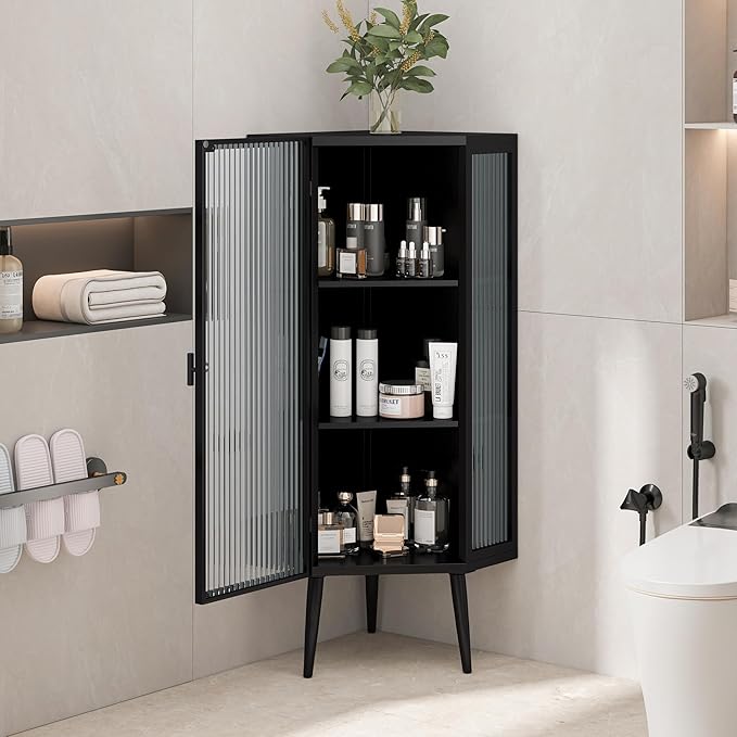 Corner Storage Cabinet with Glass Door, 31" & 43" Freestanding Triangle Floor Cabinet Modern Display Organizer Medicine Cabinets for Bathroom Living Room Bedroom (Black, 43')