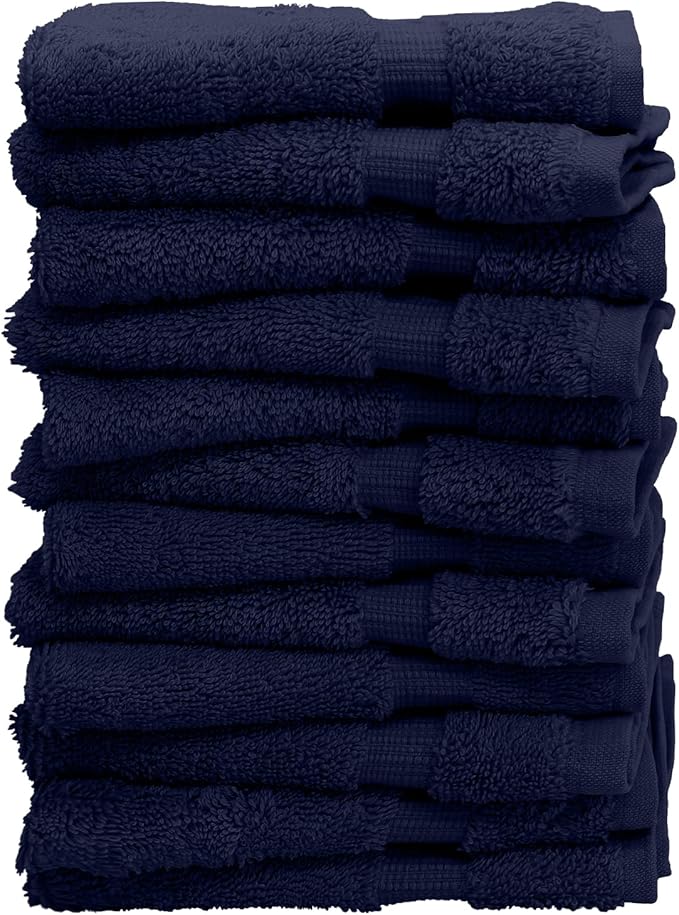 Luxury Hotel & Spa Quality, 100% Turkish Cotton 700 GSM Cloth, Eco Friendly Towel, Body wash, Makeup & Facial Cleaning, Baby, loofah, Dobby Border washcloths Towel Set 13" X 13", Navy Blue, Set of 12
