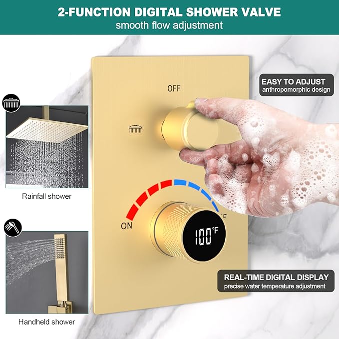Temperature Display 2 Way Shower Valve Brass Rough-in and Rectangle Trim Kit, Dual Function Digital Shower Mixer Valve, Brushed Gold