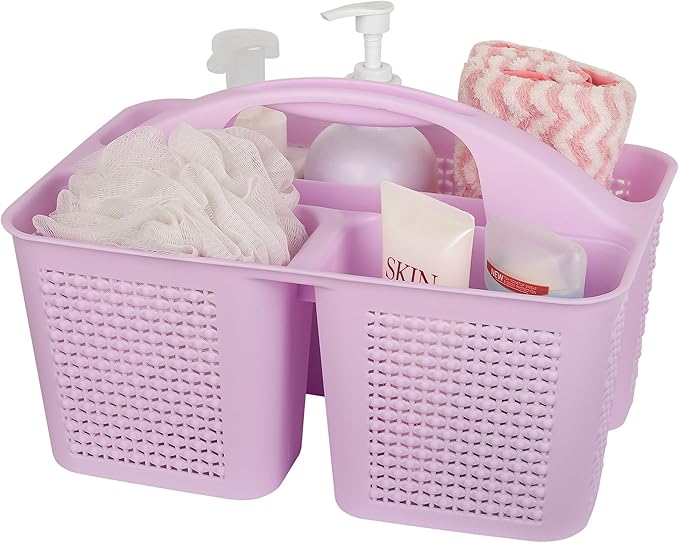 UUJOLY Plastic Portable Shower Caddy Basket Bucket, Cleaning Shower Basket with Handle Compartments Storage Basket Organizer for Bathroom Kitchen College Dorm Sink, Light Purple