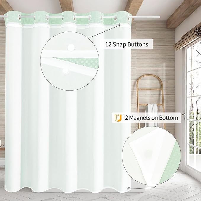 MitoVilla No Hooks Needed Extra Long Shower Curtain Liner Set, Green 86 inch XL Heavyweight Waffle Fabric Cloth Shower Curtains Set with Snap-in Liner for Modern Luxury Hotel & Spa Bathroom Decor