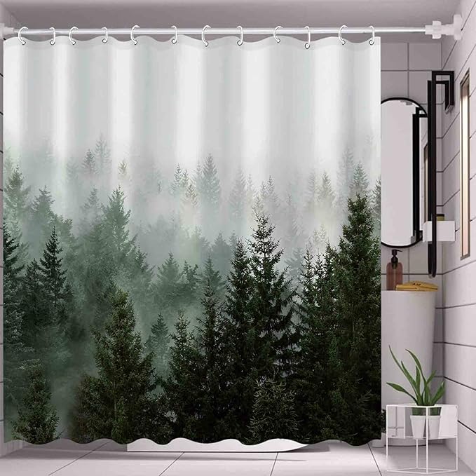 Aipon Green Misty Forest Shower Curtain Nature Tree Shower Curtain Set Dark Green Fabric Waterproof Shower Curtains for Bathroom Decor with 12 Hooks (72'' × 72'', Green4)