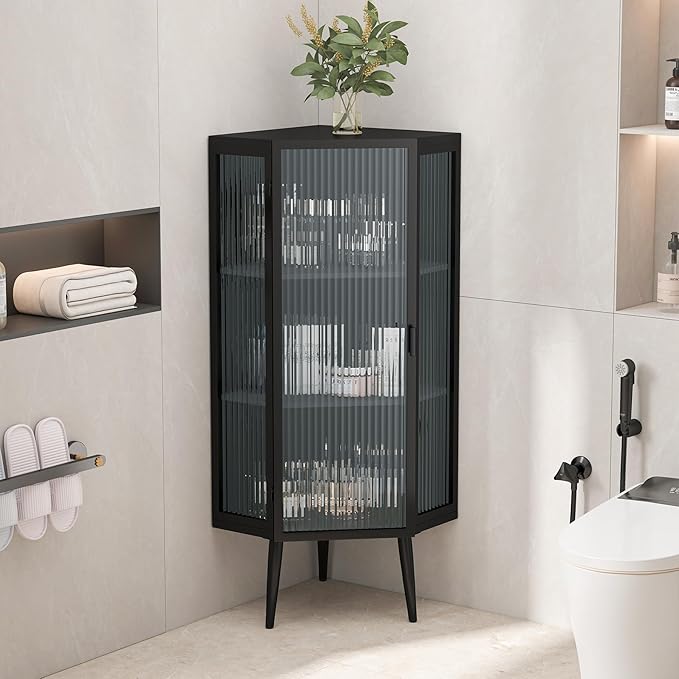 Corner Storage Cabinet with Glass Door, 31" & 43" Freestanding Triangle Floor Cabinet Modern Display Organizer Medicine Cabinets for Bathroom Living Room Bedroom (Black, 43')