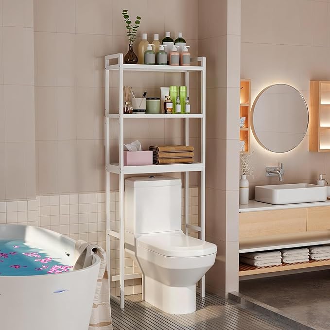 Gizoon 3 Tier Over The Toilet Storage Cabinet, Bamboo Bathroom Over Toilet Storage with Adjustable Shelves，Space-Saving Freestanding Shelves, 10.24"D x 24.8"W x 66.93"H, for Bathroom, Laundry Rooms