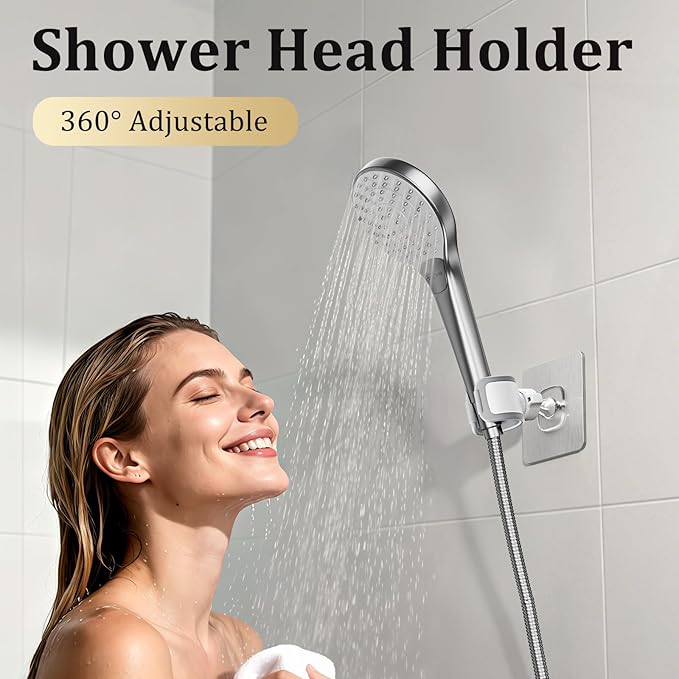 Adjustable Wall Mounted Shower Head Holder, Strong Adhesive & Drilling 2 Installation Methods, 360° Swivel Handheld Shower Wand Holder for RV Kids’ Bathroom Shower Accessories （White