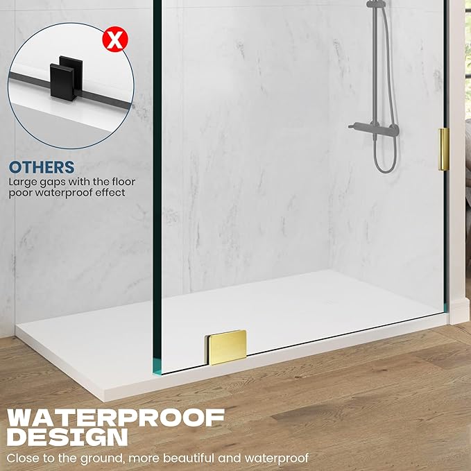 Frameless Shower Door, 26" W ×78" H Fixed Shower Glass Panel with Clamps, 3/8" (10mm) Glass Shower Doors, Clear Tempered Bathroom Shower Panel in Brushed Gold