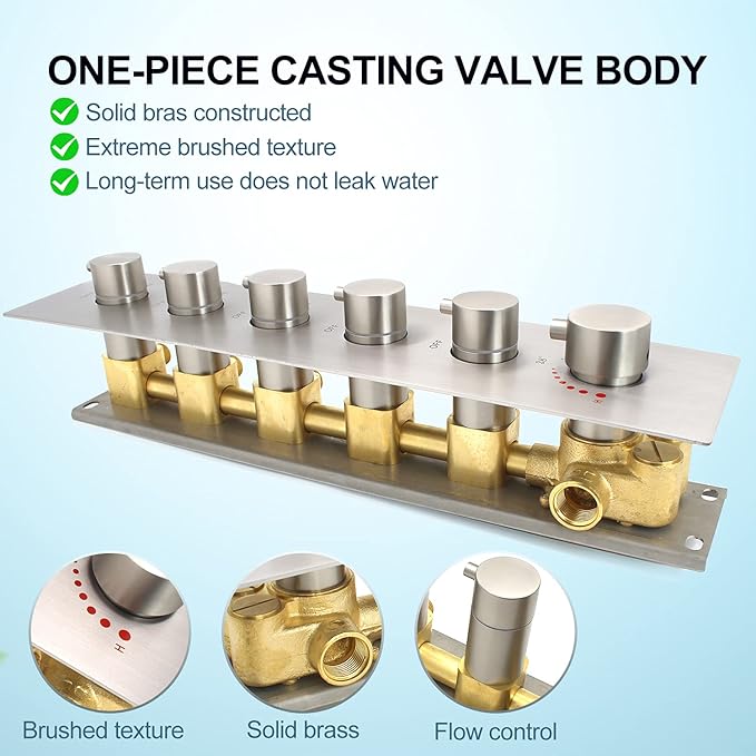 HOMEDEC 5-Function Brass Thermostatic Shower Valve Kit Can Run at Same Time, Concealed Water Diverter with 6 Round Handles Knobs Valve, Brushed Nickel
