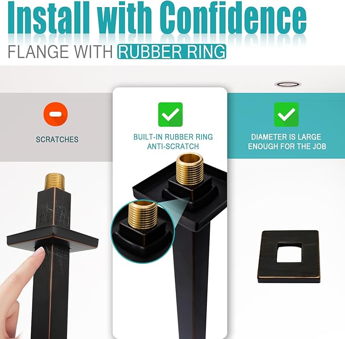 Oil Rubbed Bronze Shower Arm with Flange and Teflon Tape for High Ceiling Fixed Rain Showerhead, Universal Connection 16-inch Square Straight Shower Head Extender Extension Pipe, 304 Stainless Steel