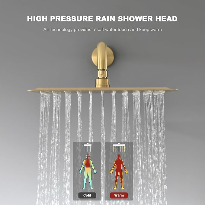 Shower Faucet Set - 12 inches Rain Shower System with 6 Function Handheld Shower Head Rough in Pressure Balance Valve Kit - Stainless Steel Bathroom Shower Kit Complete Brushed Gold