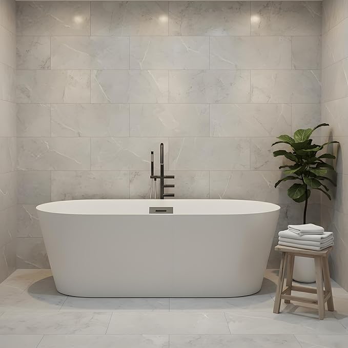 Freestanding Bathtubs 67 Inch Acrylic Freestanding Bathtub – White Finish Free Standing Tub with Chrome Drain & Overflow, Ergonomic Oval Soaking Tub for Family or Guest Bathroom