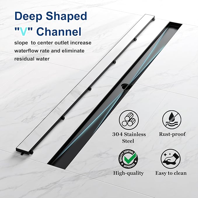 Neodrain 48-Inch Linear Shower Drain with Tile Insert Grate, Matte Black 304 Stainless Steel Rectangle Shower Floor Drain, Linear Drain with Leveling Feet, Hair Strainer