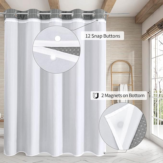 MitoVilla Black Waffle Long Shower Curtain Liner Set 72 x 80, No Hooks Required 80 inch Long Heavyweight Fabric Shower Curtain Set with Snap-in Liner for Hotel Grade Spa-Like Bathroom Decor