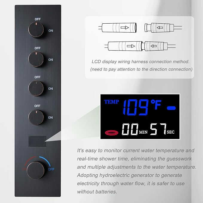 Oil Rubbed Bronze Digital Display Shower System with 16X24 inch Ceiling Mounted Shower Head(Rain&Waterfall Modes), with Handheld Spray and 6 PCS Dual Modes Body Jet