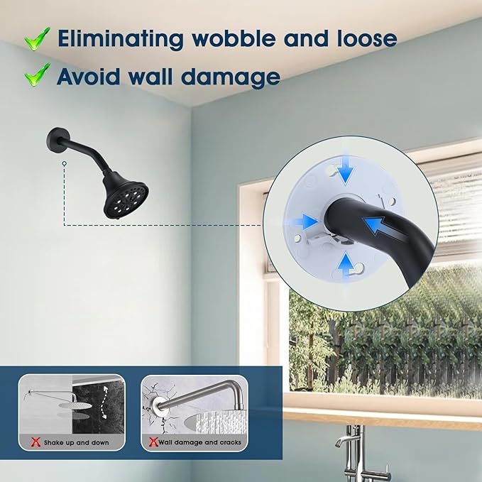8 Inch Shower Arm with Flange and Stabilizer Bracket, Wall Mounted Shower Pipe Compatible with Rainfall Showerhead,Easy Installation, Matte Black