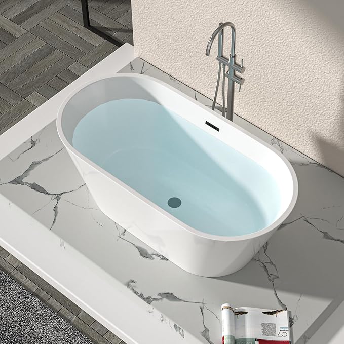 Logmey 59 Inch White Acrylic Freestanding Bathtub Oval Shape Soaking Tub with Black Drain & Overflow Assembly for Classic and Modern Bathrooms
