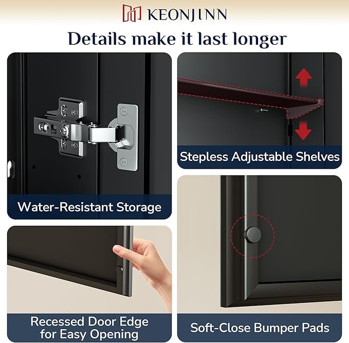 Keonjinn 48 x 32 Inch Oversized Medicine Cabinet for Bathroom with Mirror, Assembly Required, Black Aluminum Structure, Free Adjustable Shelves, Combined Recessed or Surface Mount Wall Cabinet