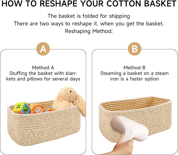 Small Storage Baskets for Organizing | Closet Organizer Bins | Shelf Toy Basket | Woven Rope Baskets | Cube Decorative Box | Shallow Basket | 11.5x7.5x4.7” | 4 Packs Yellow