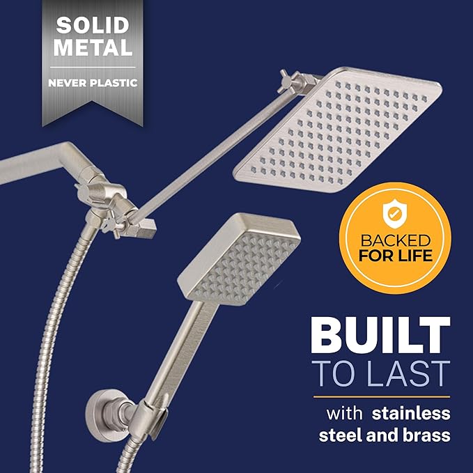 HammerHead® Solid Metal Dual Shower Head Combo — 8" Square Rain Shower Head with Handheld, 12" Adjustable Arm & Wall-Mount Holder for Flexible Installation — Brushed Nickel