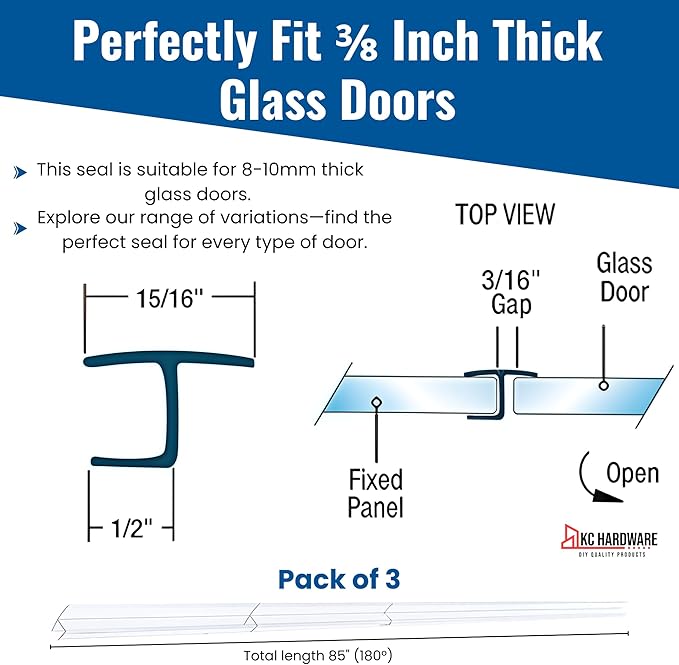 Frameless Shower Door Side Seal Strip H-Type 180 Degree 85 inches Length, Clear (3, 3/8 inches Glass)