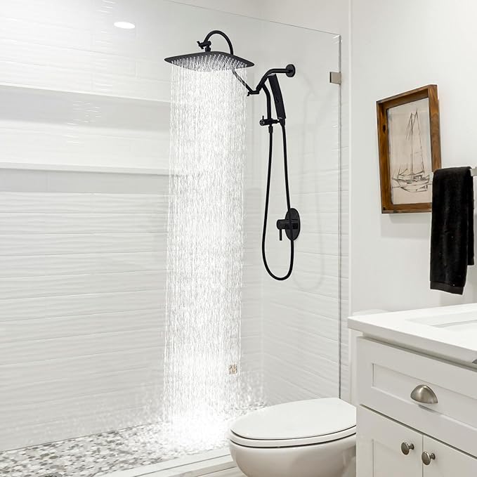 G-Promise All Metal 12 Inch Shower Head with Massage Mode Handheld, Rain Shower Head with Handheld Spray Combo, 3-Way Diverter with Pause Setting, 13 Inch Adjustable Extension Arm (Matte Black)