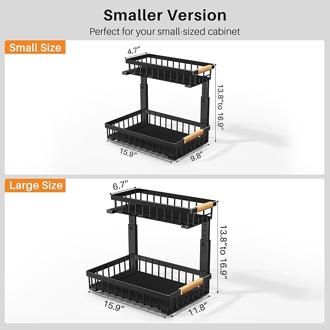 PXRACK 1 Pack Under Sink Organizer,Adjustable Height,2 Tier Pull Out Under Cabinet Organizer,Slide Out Thickened Metal Under Sink Storage for Kitchen Bathroom Laundry Cabinet Pantry,Black(S)