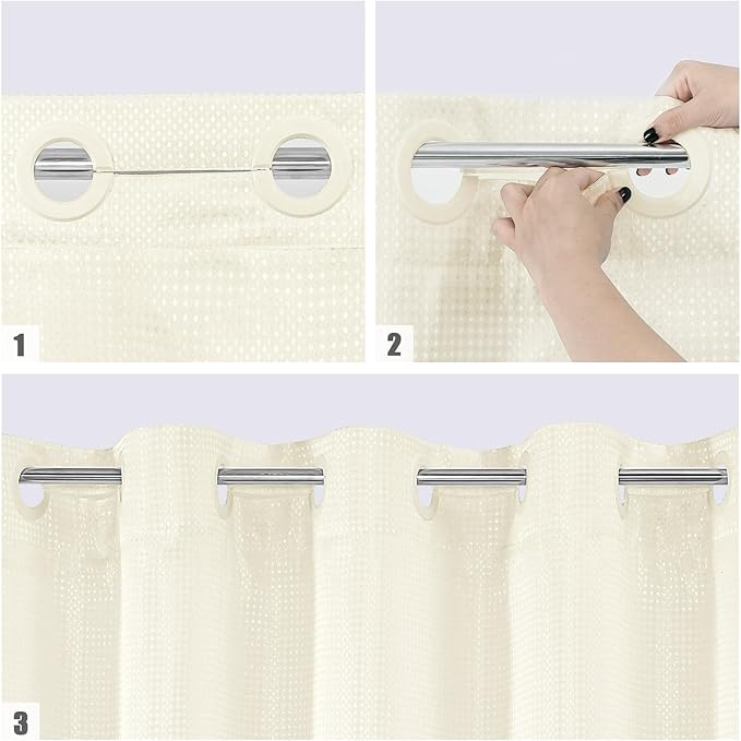 MitoVilla No Hooks Needed Ivory Waffle Shower Curtain Liner Set, Modern Waffle Weave Heavy Duty Fabric Cloth Shower Curtain with Snap-in Liner for Luxury Neutral Hotel Spa Bathroom Decor