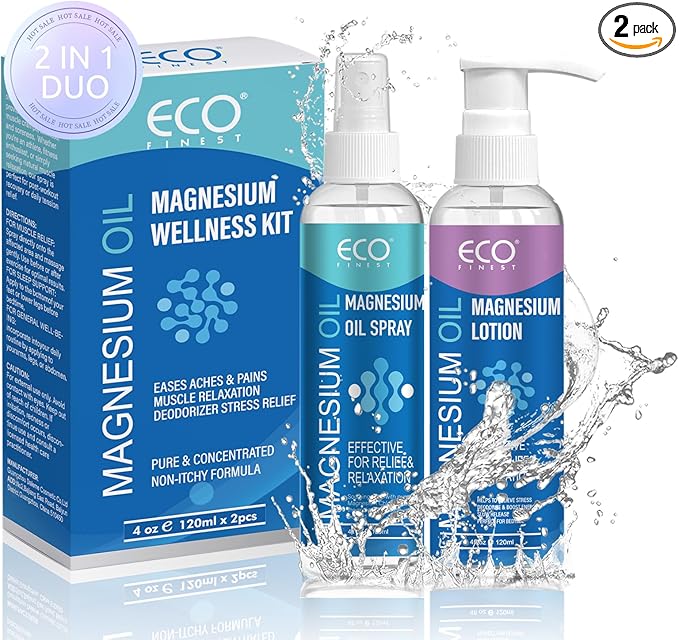 Pure Magnesium Oil Spray & Lotion Duo, Topical Magnesium Oil Lotion for Feet, Skin & Body, Easy to Absorb and Use, Women & Men