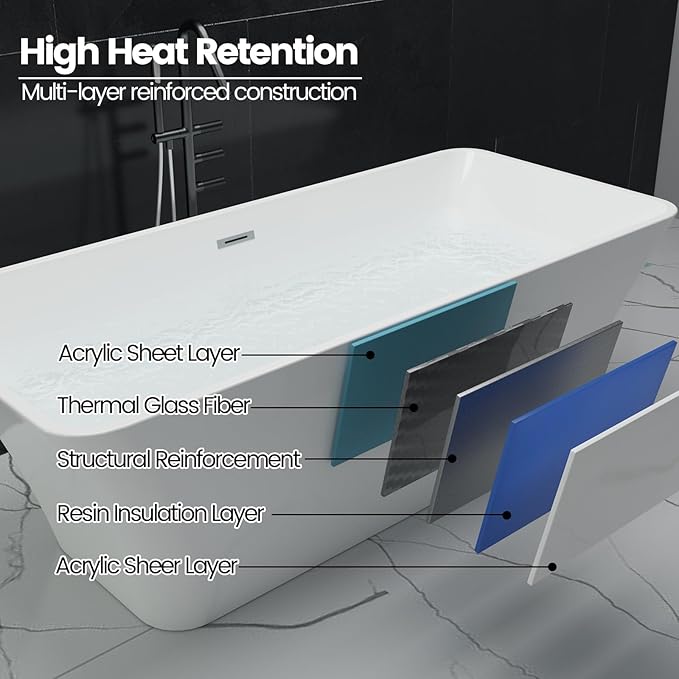 59" Freestanding Bathtub, Acrylic Soaking Tub, Chrome Overflow & Drain, Easy Installation for Modern Bathroom, White