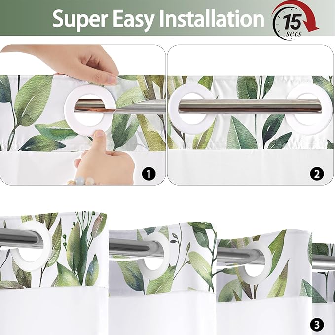 No Hook Shower Curtain and Liner Set, Sage Green Eucalyptus Floral Shower Curtains for Bathroom, Bath Curtain Sets with Snap in Liner, Waterproof with See Through Top Window, 71x74 Inches