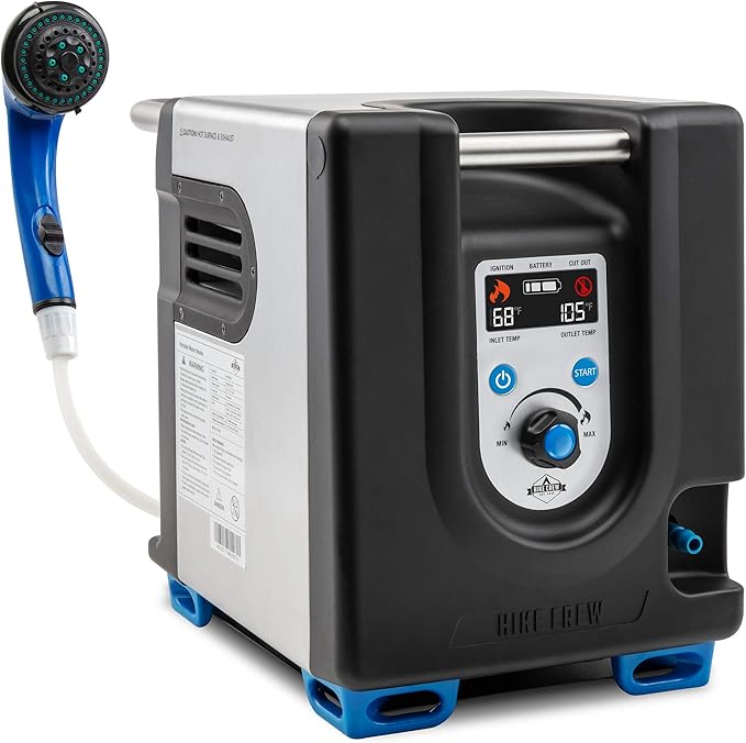 Hike Crew Portable Propane Water Heater & Shower Pump w/Built-in Battery | Compact Outdoor Cleaning & Showering System w/LCD, Safety Shutoff & Carry Case, Instant Hot Water for Camping & Hiking