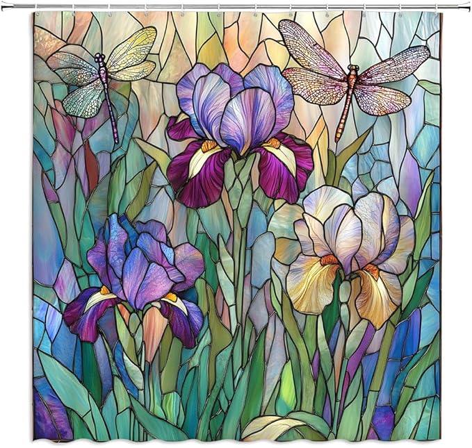 Stained Glass Shower Curtain Artistic Iris Dragonfly Purple Floral Green Leaves Abstract Nature Plant Spring Summer Modern Botanical Fabric Bathroom Decor Curtains with Hooks,70 x 80