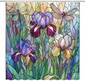 Stained Glass Shower Curtain Artistic Iris Dragonfly Purple Floral Green Leaves Abstract Nature Plant Spring Summer Modern Botanical Fabric Bathroom Decor Curtains with Hooks,47 x 70