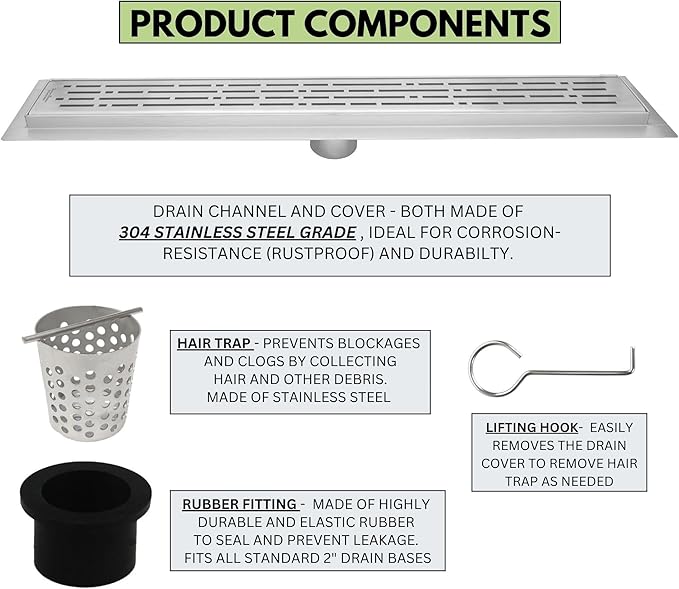 SereneDrains 304 Stainless Steel Brushed Nickel Linear Shower Drain Kit Broken Lane Linear Shower Drains for Tile Floor Long Hair Catcher Strainer Grate Cover Bathroom (Brushed Nickel, 16 Inch)