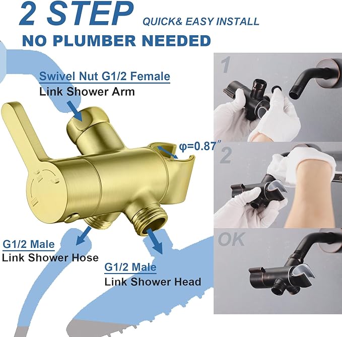 3 Way Shower Diverter Valve with Hand Shower Holder, G1/2 Shower Head Splitter, Shower Arm Diverter (Gold)