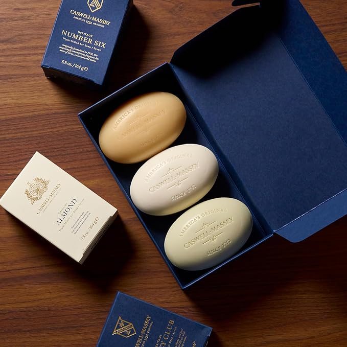 Caswell-Massey Men’s Bar Soap, Moisturizing Body Wash for Bath or Shower, Men’s Soap Bar for All Skin Types, Essential Oils & Plant-Based, Number Six, Almond, & Jockey Club, 3 (5.8 oz bar) Gift Set