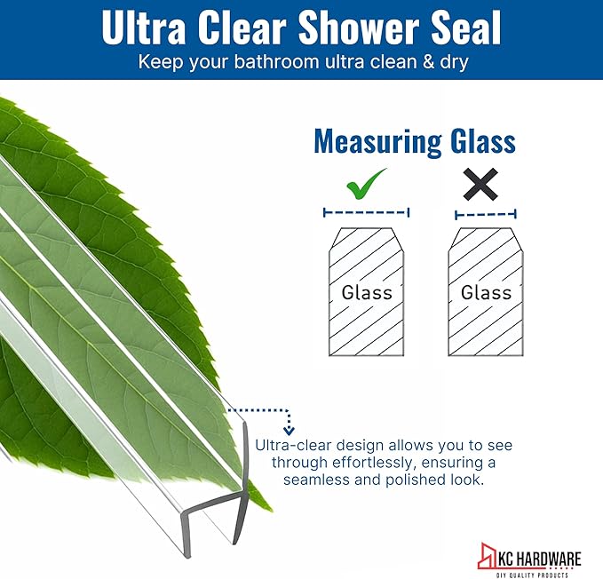KC Hardware 85 Inch Frameless Shower Door Side Seal Strip, H-Type Glass Shower Door Seal Strip (180 Degree) for 1/4 Inch(4-6mm) Thick Glass, Water Guard That Prevents leaks, Ultra Clear (Pack of 4)