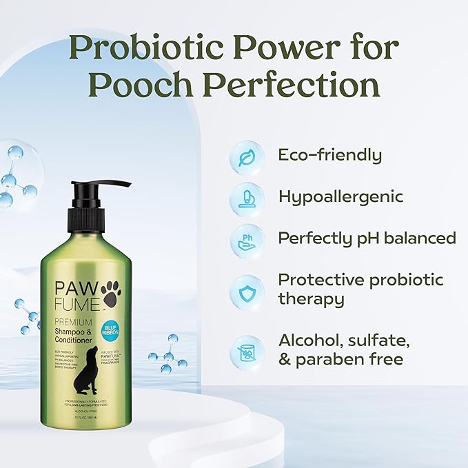 PAWFUME Dog Shampoo and Conditioner, Blue Ribbon, 1-Pack – Nourish & Detangle for a Silky Soft Coat – Probiotic, Deep-Cleaning, pH-Balanced Formula – Puppy Shampoo and Conditioner for All Breeds