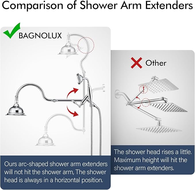 Bagnolux Solid Brass 6" High Pressure Rain Shower Head Combo with 21" Extension Arm - Wide Rainfall Showerhead with 3.3" Handheld Water Spray - Adjustable Dual Showerhead with 71" Shower Hose, Chrome